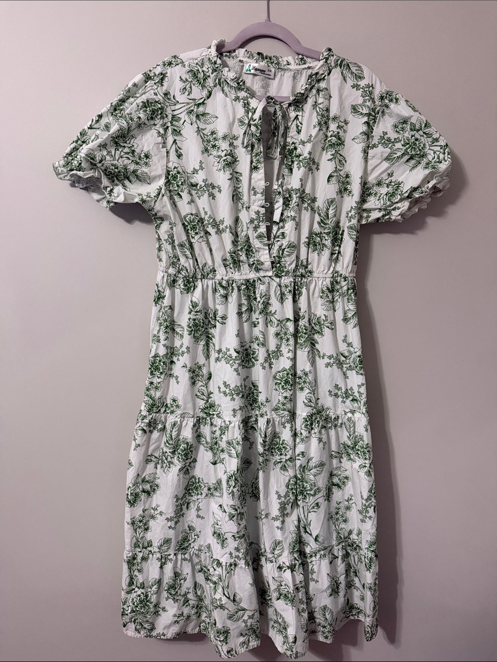 Green Floral Tie-Neck Midi Dress by Unknown Brand